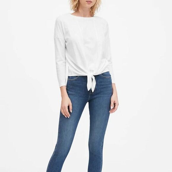 Banana Republic Long Sleeve Relaxed Fit Tie Front Pullover Shirt White Medium - Picture 2 of 8